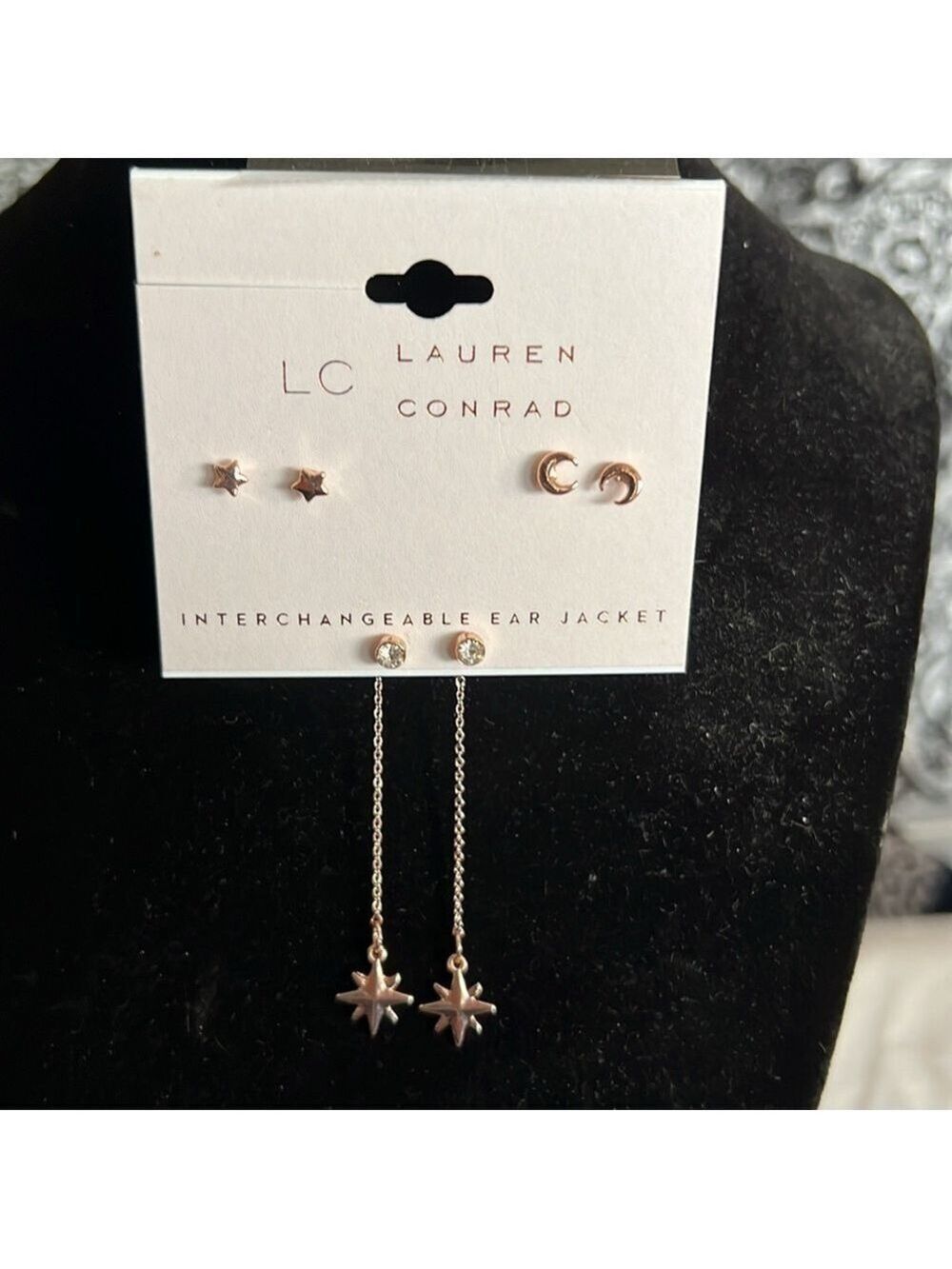 Lauren Conrad Earrings, Interchangeable Studs, Gem, Moon & Star, 2” Drop (J0244)